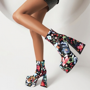 EUR34-EUR39 autumn & winter new 3 colors floral printing stylish high-heel boots(front heel height:5cm, back heel height:14cm, shaft height:13cm)