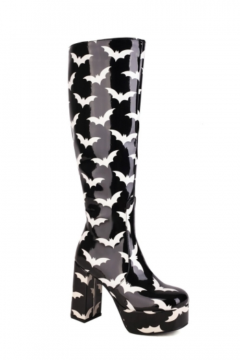 EUR35-EUR39 winter new bat printing side zip-up stylish high-heel boots(front heel height:4cm, back heel height:10cm, shaft height:40cm)
