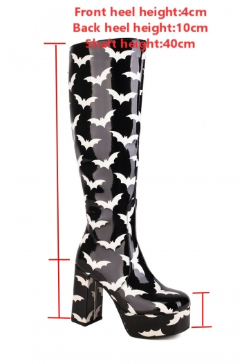 EUR40-EUR43 winter new bat printing side zip-up stylish high-heel boots(front heel height:4cm, back heel height:10cm, shaft height:40cm)