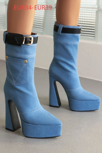 eur34-eur39 winter new 3 colors denim metal-buckle stylish high-heel boots(front heel height:5cm, back heel height:14cm, shaft height:23cm）