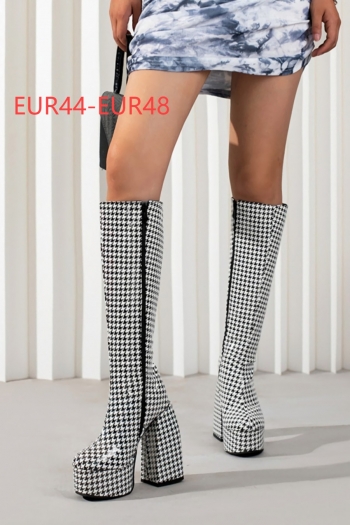 eur44-eur48 winter new stylish houndstooth pattern side zip-up high-upper high-heel boots(front heel height:4.5cm, back heel height:14.5cm, shaft height:36cm）