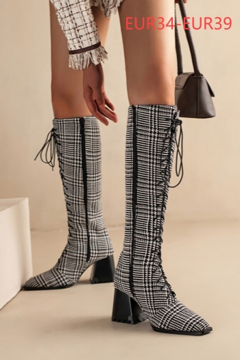 eur34-eur39 winter new plaid crossed lace-up side zip-up high-upper fashion boots(heel height:7cm, shaft height:36.5cm)