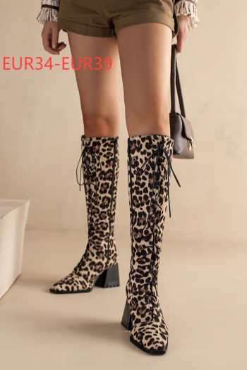 eur34-eur39 winter new leopard printing crossed lace-up side zip-up high-upper fashion boots(heel height:7cm, shaft height:36.5cm)