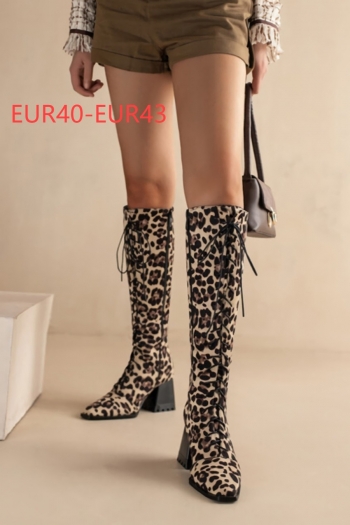 eur40-eur43 winter new leopard printing crossed lace-up side zip-up high-upper fashion boots(heel height:7cm, shaft height:36.5cm)