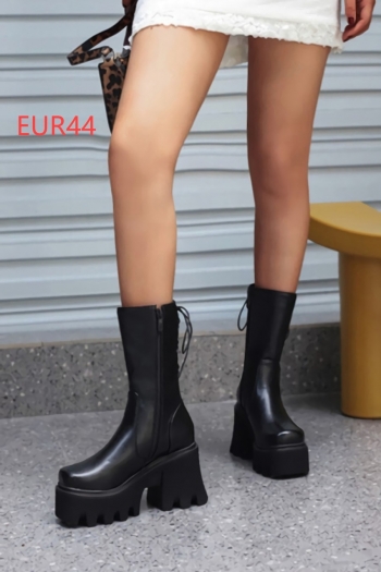 eur44 winter new lace-up thick bottom stylish high-heel boots(front heel height:5cm, back heel height:9.5cm, shaft height:21cm）