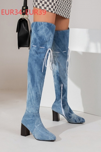 eur34-eur39 winter new washed denim lace-up stylish over knee high-heel boots(heel height:7.5cm, shaft height:56cm)