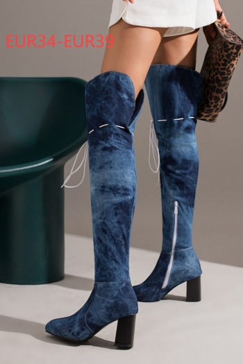eur34-eur39 winter new pointed washed denim lace-up stylish over knee high-heel boots(heel height:7.5cm, shaft height:56cm)