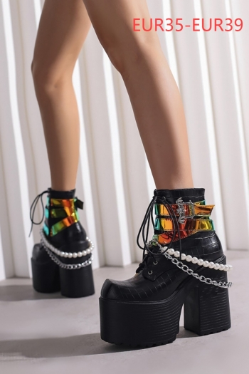 eur35-eur39 autumn & winter new beaded metal chain side zip-up stone pattern stylish high-heel boots(front heel height:8cm, back heel height:14cm, shaft height:13cm）