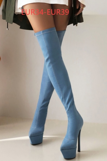 eur34-eur39 winter new 3 colors denim hollow lace-up over knee stylish high-heel boots(front heel height:5cm, back heel height:15cm, shaft height:55cm）