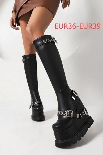 eur36-eur39 pu leather thick bottom buckle stylish high-heel high-upper boots