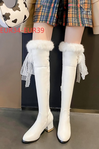 eur34-eur39 new two colors lace fur collar side zip-up stylish over knee boots