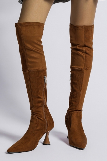 new solid color pointed side zip-up suede stylish over knee high-heel boots