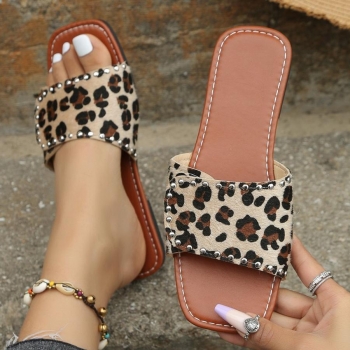 casual square toe leopard printing outdoor comfortable flat slipper #1