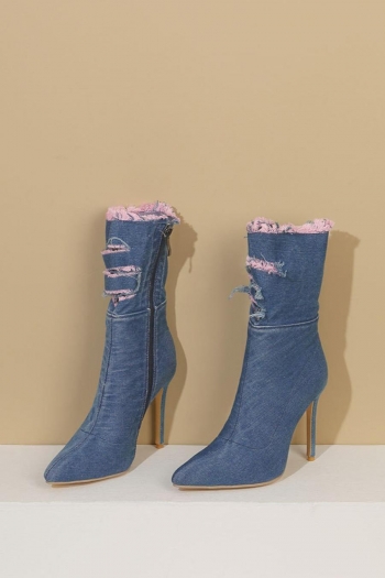 stylish color-block ripped pointed side zip-up mid-barrel high-heel denim boots