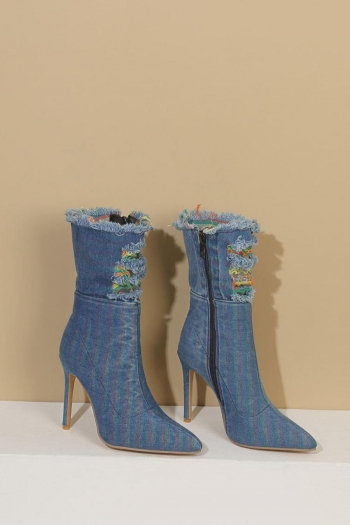 stylish color-block ripped side zip-up mid-barrel high-heel denim boots