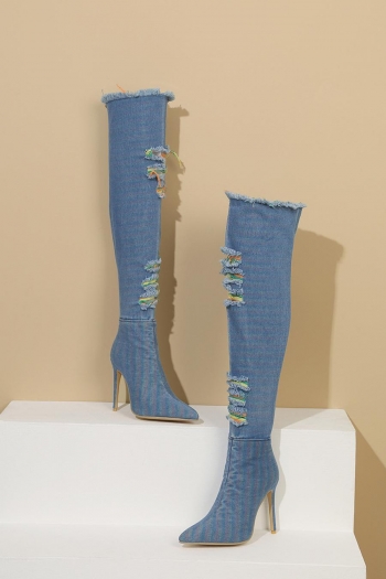 sexy ripped color-block over-knee zip-up high-heel denim boots