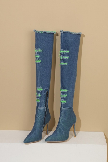 sexy 4 colors ripped color-block over-knee zip-up high-heel denim boots