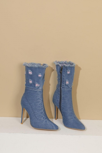stylish color-block side zip-up ripped denim mid-barrel high-heel boots