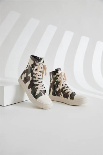 stylish pu leather camo thick bottom high-top lace-up side zip-up sneakers