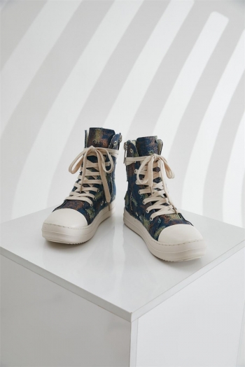 stylish denim fabric high-top lace-up side zip-up all-match sneakers