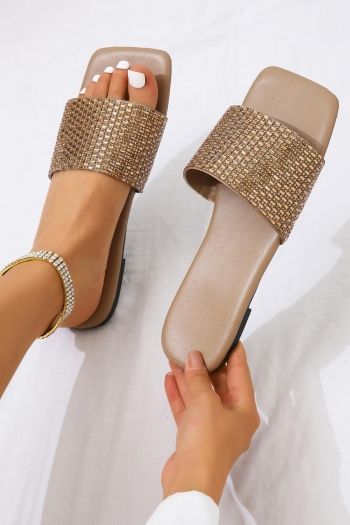 stylish rhinestone decor pu leather square toe slippers