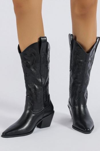 stylish black pu leather pointed toe midi-tube high-heel boots