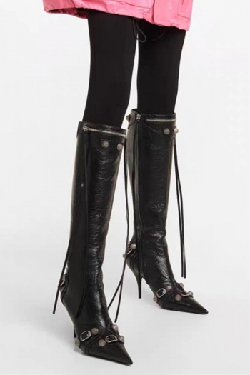stylish pu leather pointed toe rivet decor zip-up high-tube high-heel boots