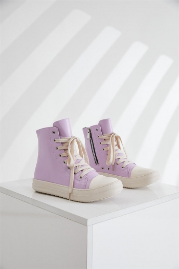 stylish slight purple pu leather high-top thick bottom strappy zip-up sneakers