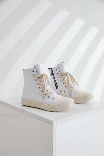 stylish white pu leather high-top thick bottom strappy zip-up all-match sneakers