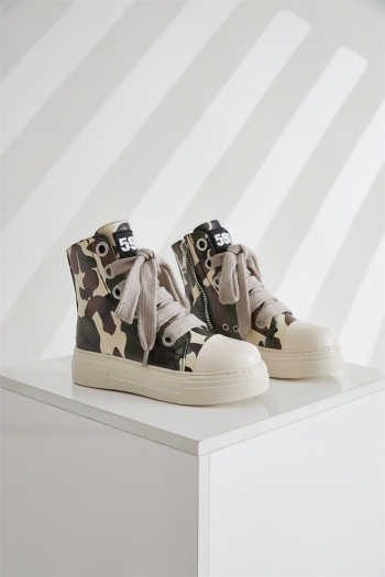 stylish pu leather camo thick bottom high-top strappy side zip-up sneakers