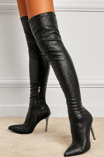 stylish black lattice pu leather over knee pointed toe zip-up high-heel boots