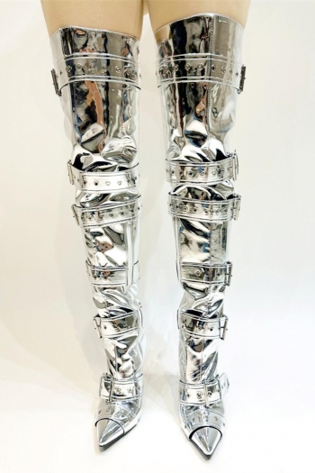 stylish 4 colors pointed toe metallic buckle over knee zip-up high-heel boots