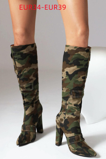 eur34-eur39 stylish camo printing pointed toe high-top pocket high-heel boots