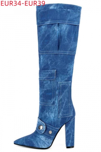 eur34-eur39 stylish blue denim pointed toe high-top pocket high-heel boots