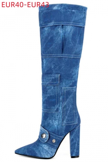 eur40-eur43 stylish blue denim pointed toe high-top pocket high-heel boots