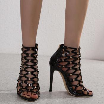 stylish pu leather hollow peep toe zip-up high-heel sandals(heel height:12cm)