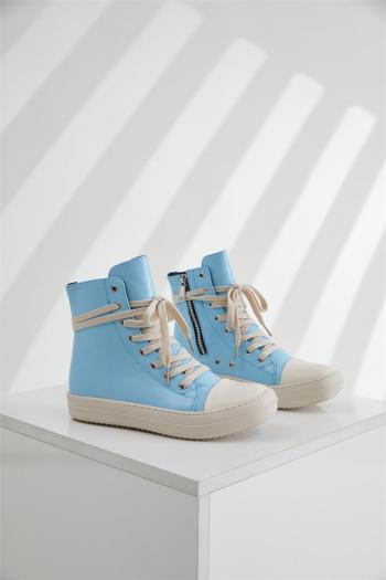 stylish sky blue pu leather high-top thick bottom strappy zip-up sneakers