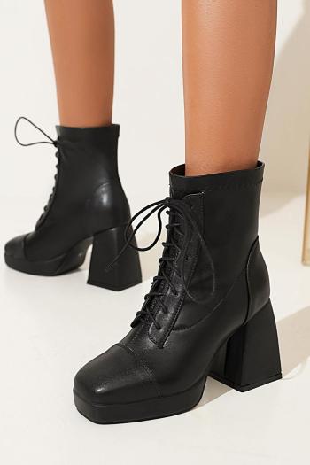 stylish two colors pu leather fabric square toe strappy high-heel boots