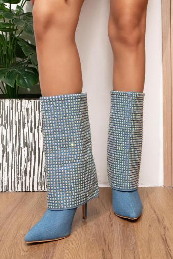 exquisite rhinestone decor denim fabric pointed toe high-heel boots