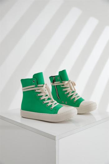 stylish green pu leather high-top thick bottom strappy zip-up sneakers