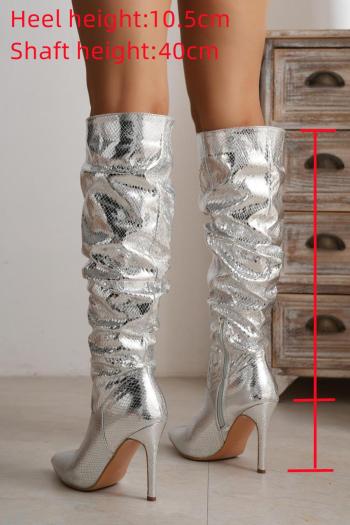 Stylish silver snakeskin pu leather pointed toe zip-up high-heel boots