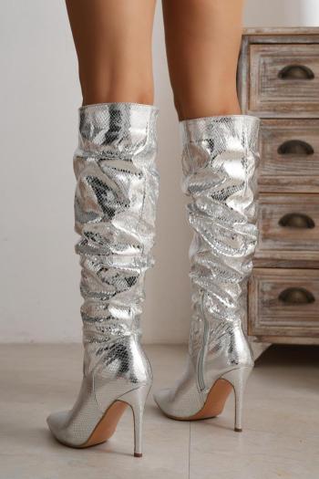 Stylish silver snakeskin pu leather pointed toe zip-up high-heel boots
