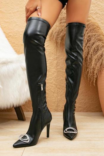 exquisite pu leather pointed toe rhinestone decor over knee high-heel boots