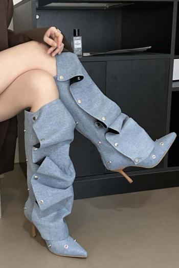 exquisite rivet denim fabric high heel boots(heel height:9cm,shaft hecht:38cm)