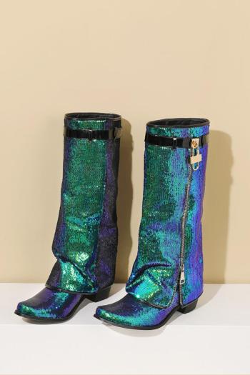 exquisite 6 colors sequin metallic lock decor zip-up side midi-heel boots