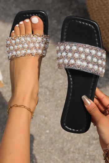 stylish pearl decor square toe flat pu slippers