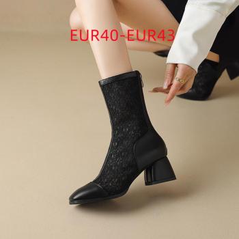 eur40-eur43 stylish chic gloss leather see through lace midi-heel sandals boots