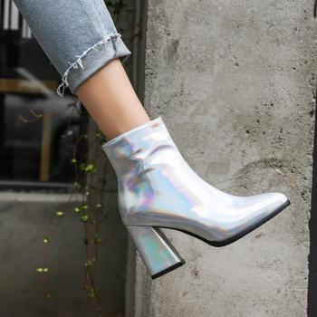 exquisite holographic laser pu leather pointed toe zip-up side high-heel boots