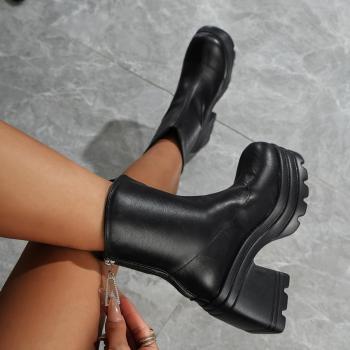 stylish new solid color pu zip-up high heel boots