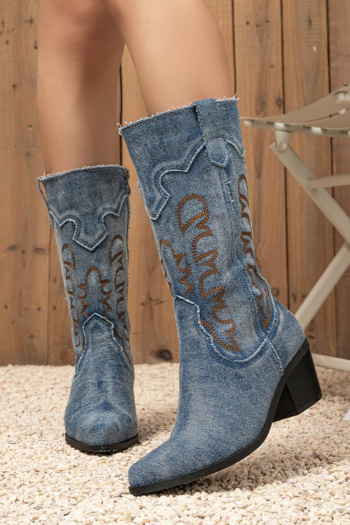 stylish retro two colors denim fabric embroidery zip-up side mid-heel cowgirl boots